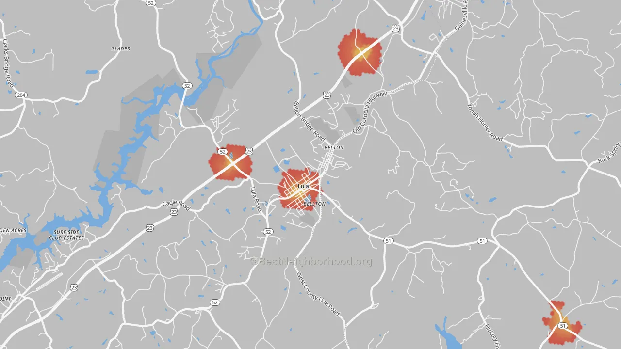 Walk Grade map of Lula, GA, walkable areas in green and car-dependent areas in red