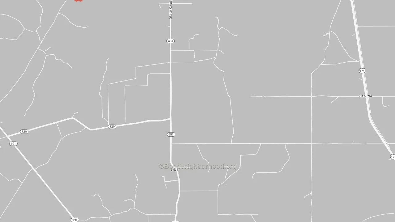 Walk Grade map of Lula, LA, walkable areas in green and car-dependent areas in red