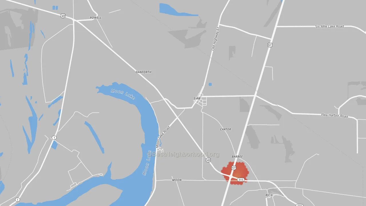 Walk Grade map of Lula, MS, walkable areas in green and car-dependent areas in red
