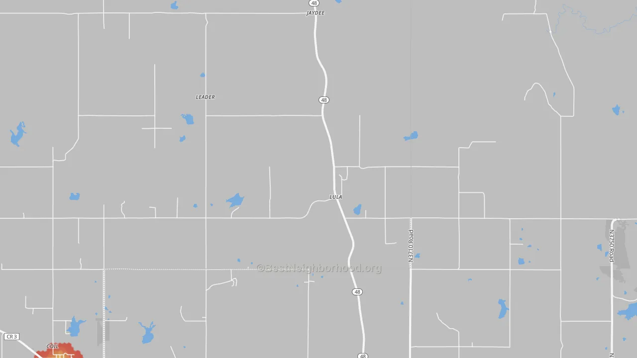 Walk Grade map of Lula, OK, walkable areas in green and car-dependent areas in red