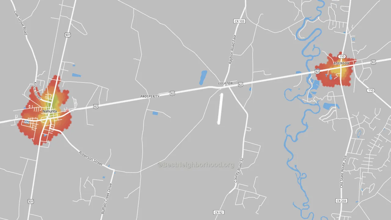 Walk Grade map of Lulaton, GA, walkable areas in green and car-dependent areas in red