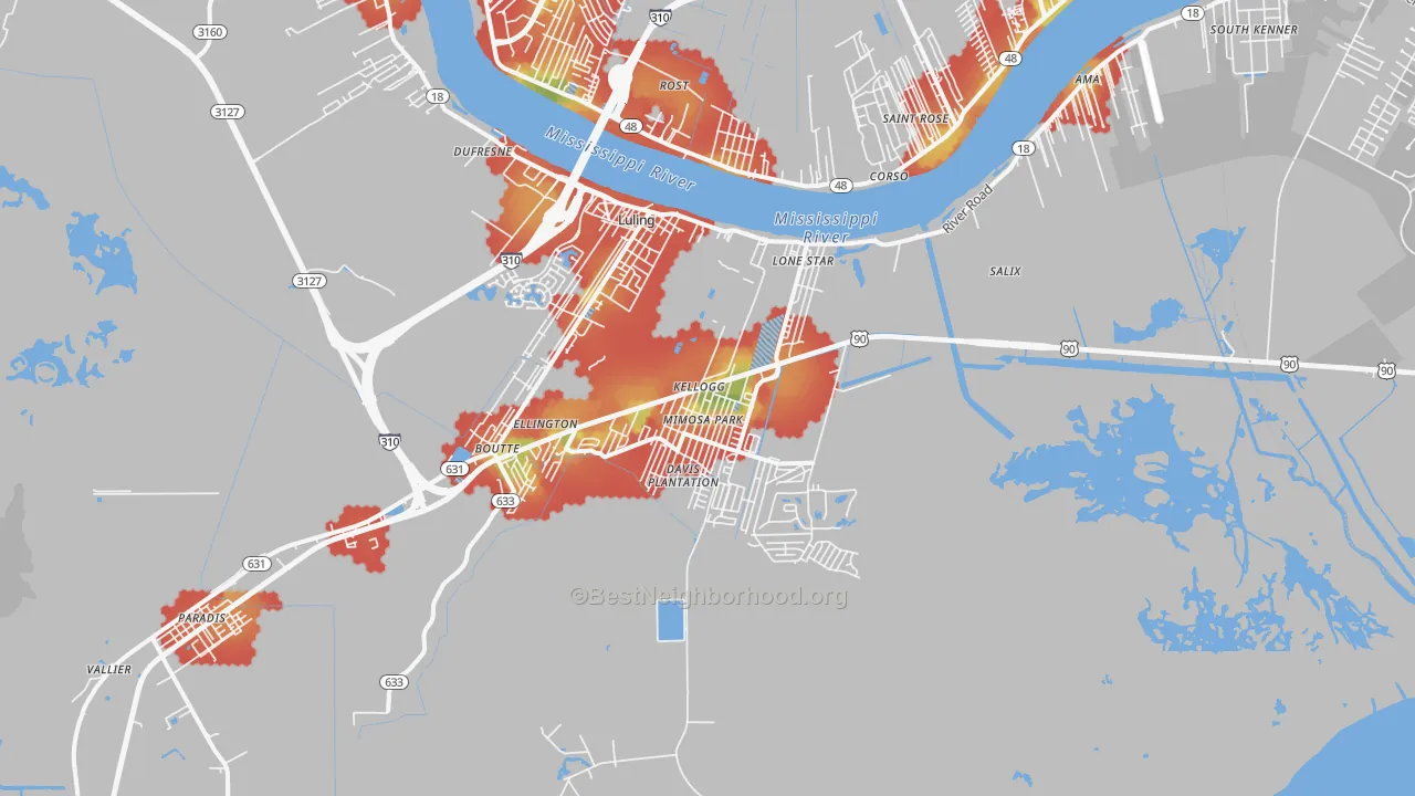 Walk Grade map of Luling, LA, walkable areas in green and car-dependent areas in red