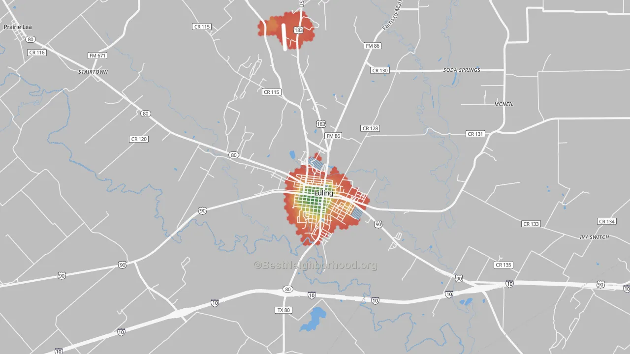 Walk Grade map of Luling, TX, walkable areas in green and car-dependent areas in red