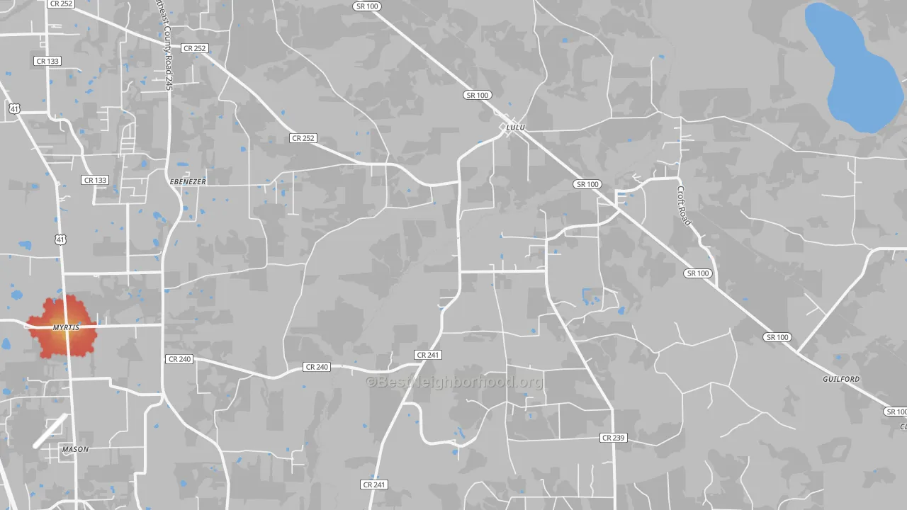 Walk Grade map of Lulu, FL, walkable areas in green and car-dependent areas in red