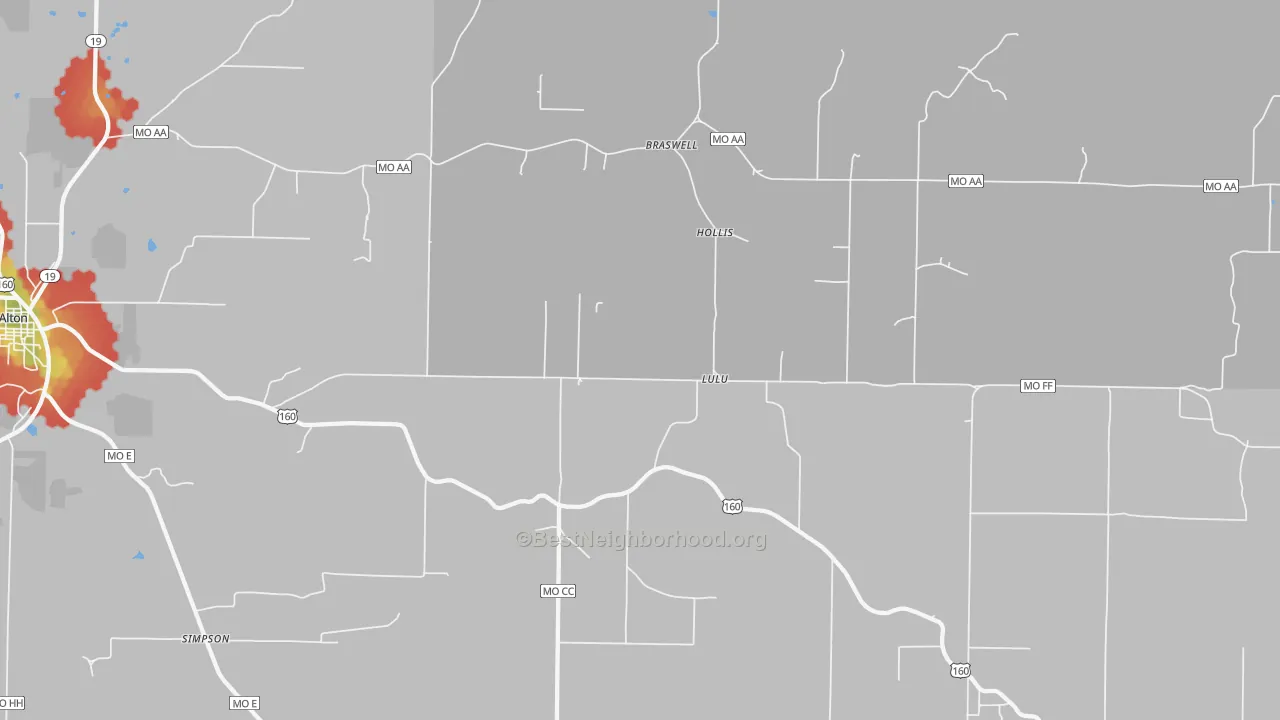 Walk Grade map of Lulu, MO, walkable areas in green and car-dependent areas in red