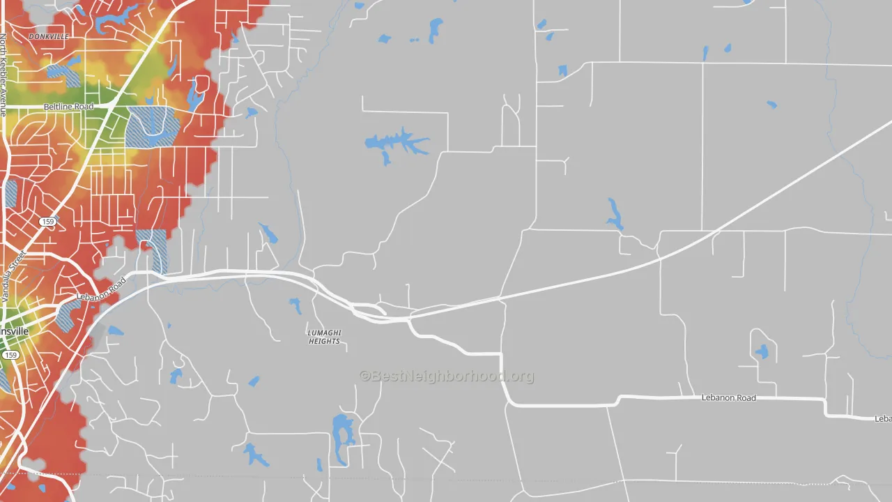 Walk Grade map of Lumaghi Heights, IL, walkable areas in green and car-dependent areas in red