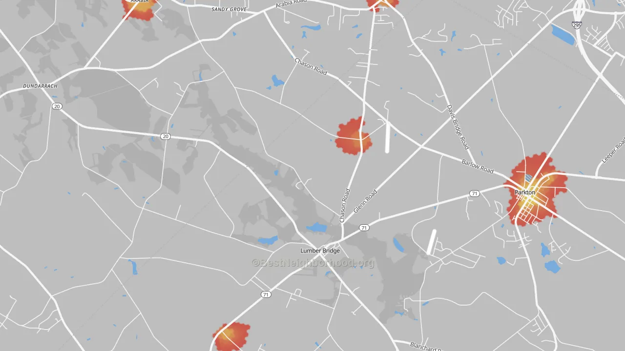 Walk Grade map of Lumber Bridge, NC, walkable areas in green and car-dependent areas in red