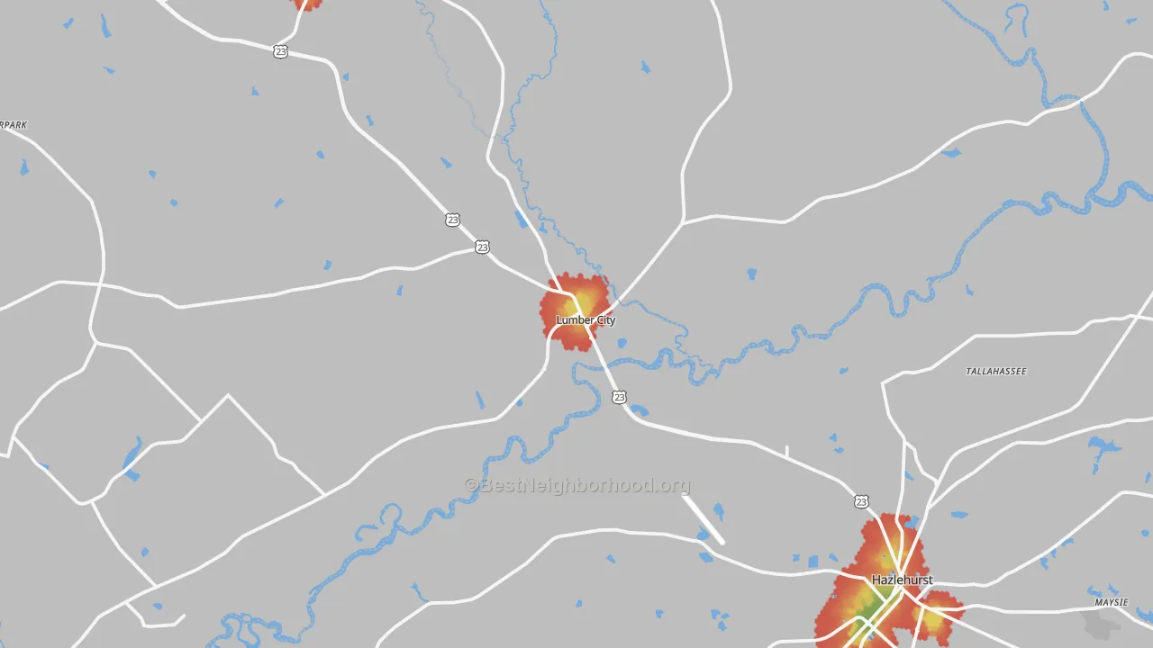 Walk Grade map of Lumber City, GA, walkable areas in green and car-dependent areas in red