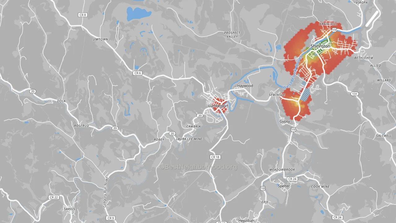 Walk Grade map of Lumberport, WV, walkable areas in green and car-dependent areas in red