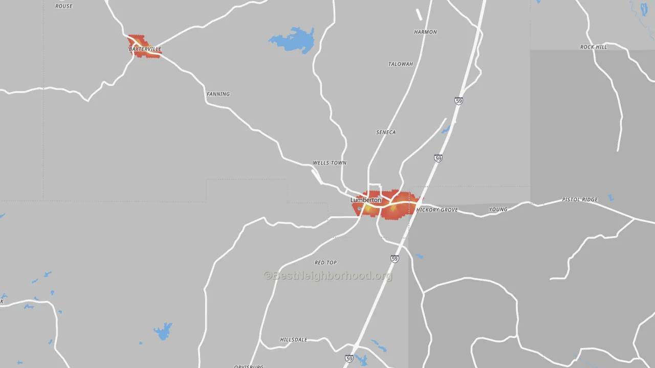 Walk Grade map of Lumberton, MS, walkable areas in green and car-dependent areas in red