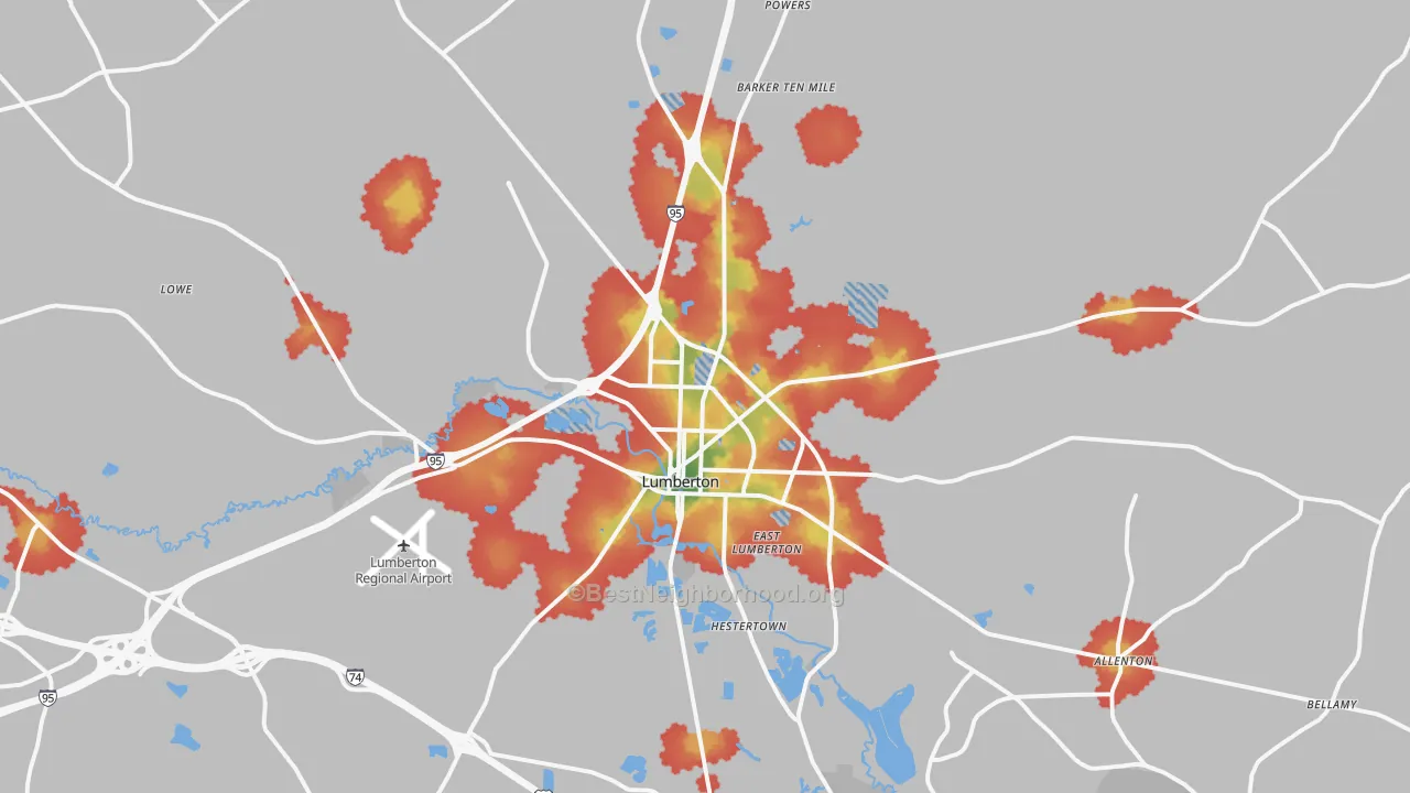 Walk Grade map of Lumberton, NC, walkable areas in green and car-dependent areas in red