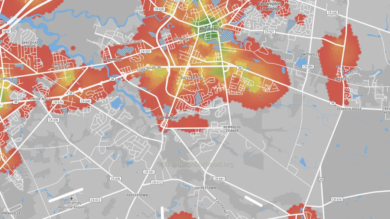 Walk Grade map of Lumberton, NJ, walkable areas in green and car-dependent areas in red