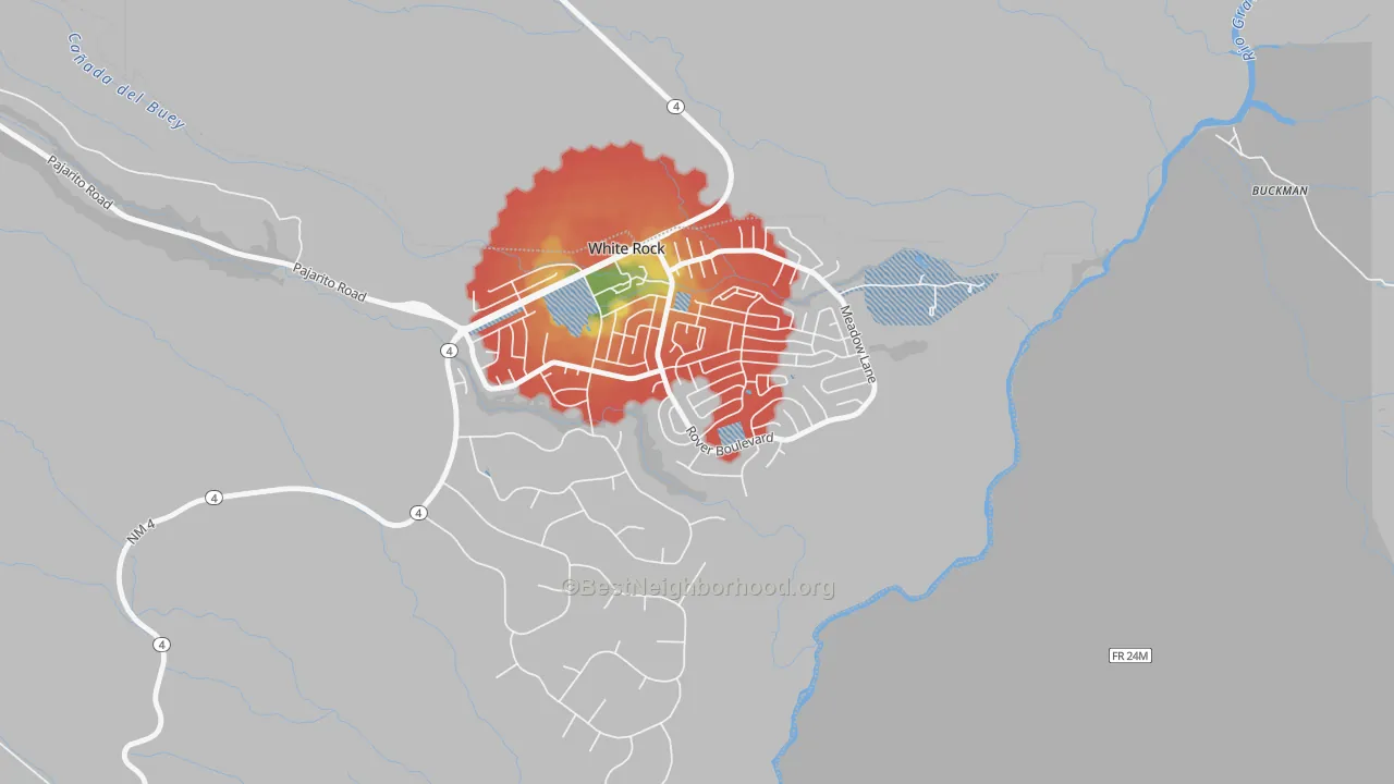 Walk Grade map of Lumberton, NM, walkable areas in green and car-dependent areas in red