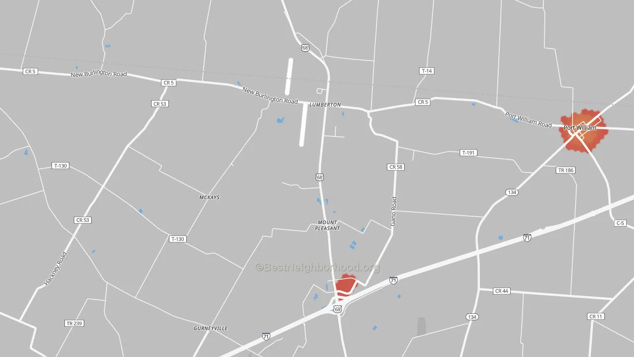 Walk Grade map of Lumberton, OH, walkable areas in green and car-dependent areas in red