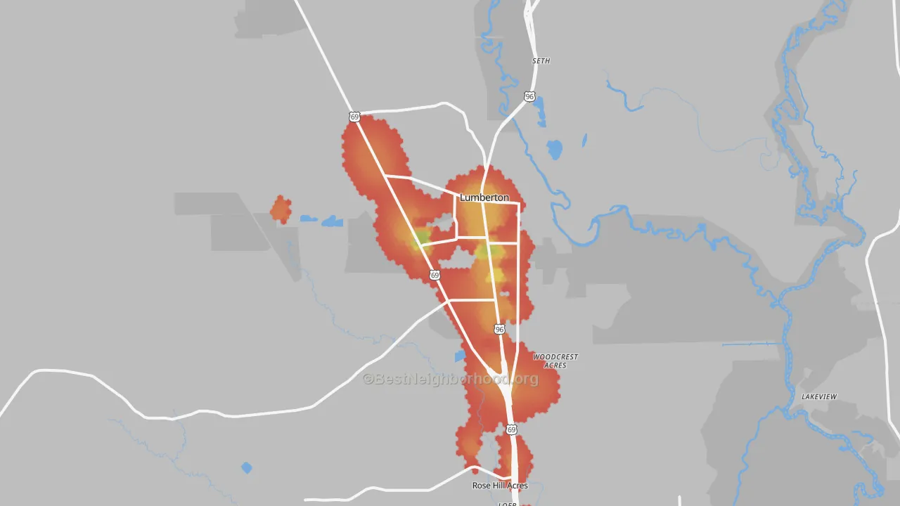 Walk Grade map of Lumberton, TX, walkable areas in green and car-dependent areas in red