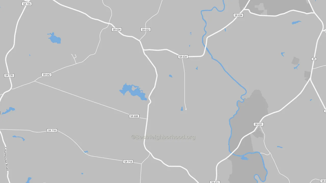 Walk Grade map of Lumberton, VA, walkable areas in green and car-dependent areas in red