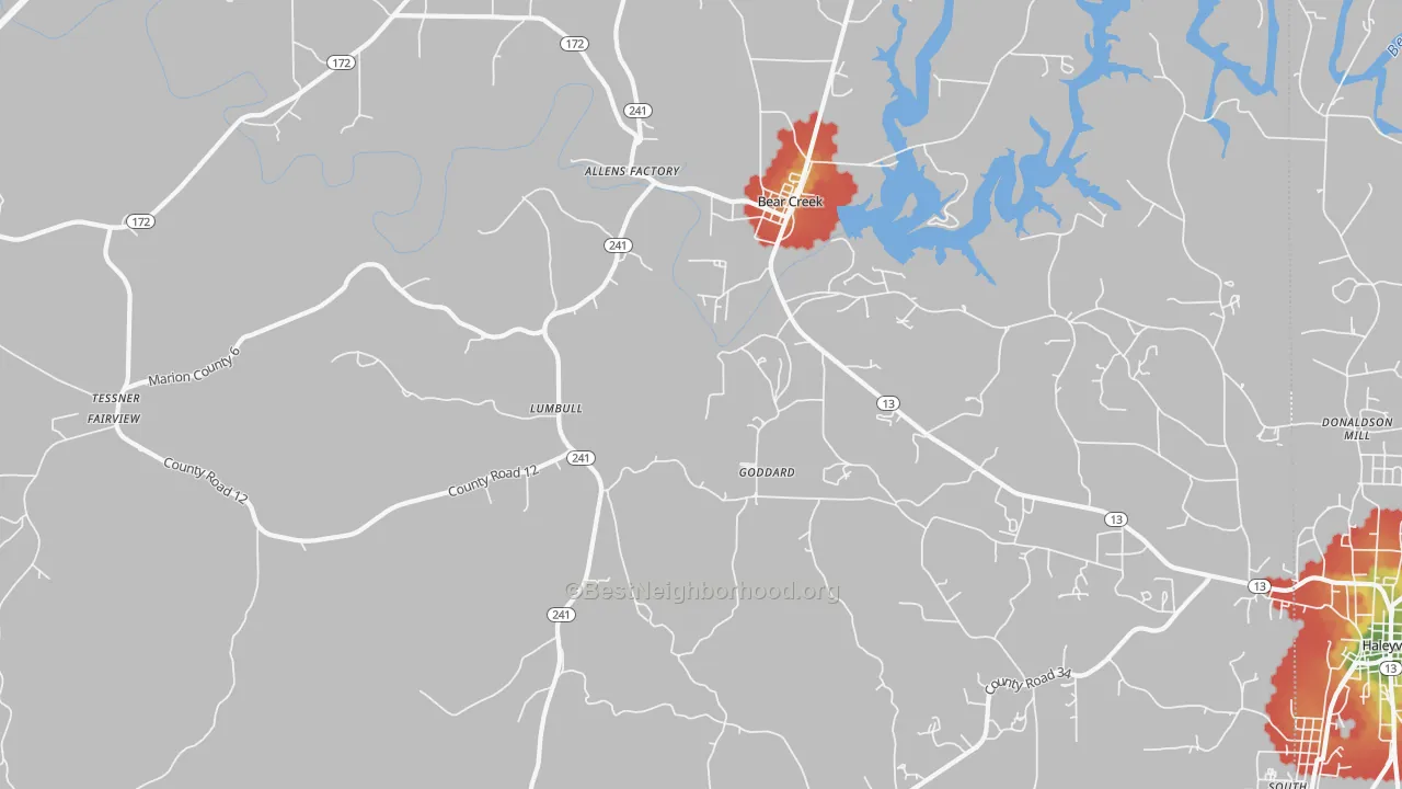 Walk Grade map of Lumbull, AL, walkable areas in green and car-dependent areas in red