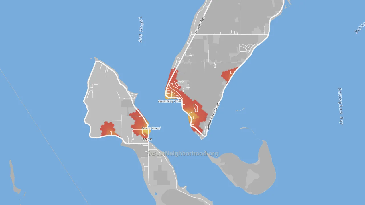 Walk Grade map of Lummi Island, WA, walkable areas in green and car-dependent areas in red