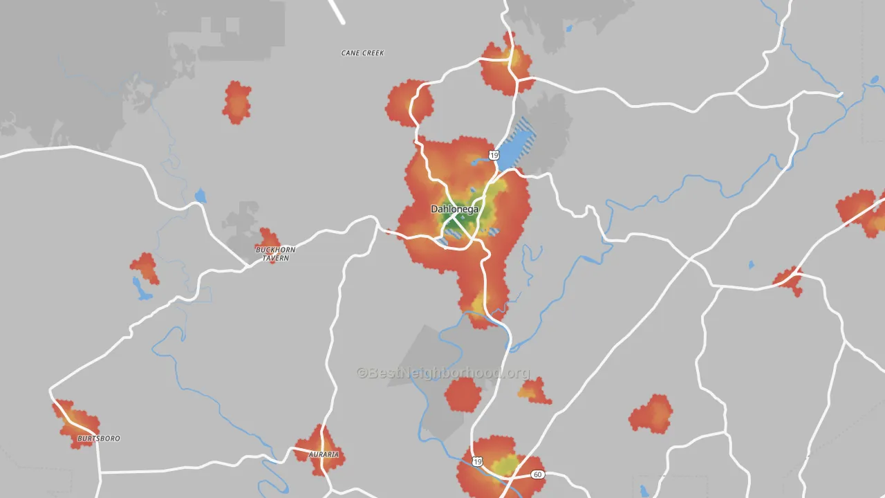 Walk Grade map of Lumpkin County, GA, walkable areas in green and car-dependent areas in red