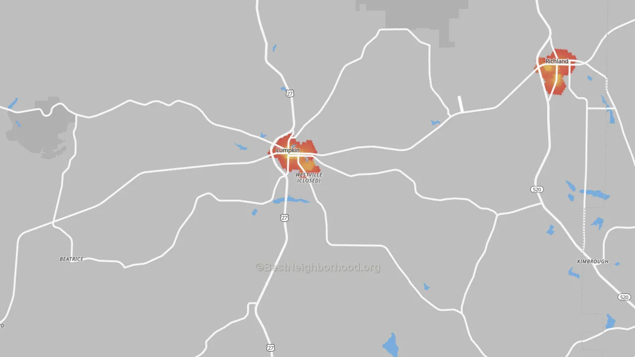 Walk Grade map of Lumpkin, GA, walkable areas in green and car-dependent areas in red