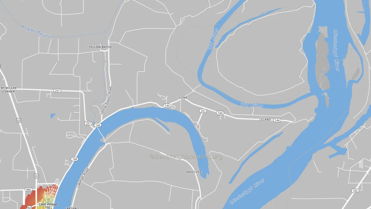 Walk Grade map of Luna, AR, walkable areas in green and car-dependent areas in red
