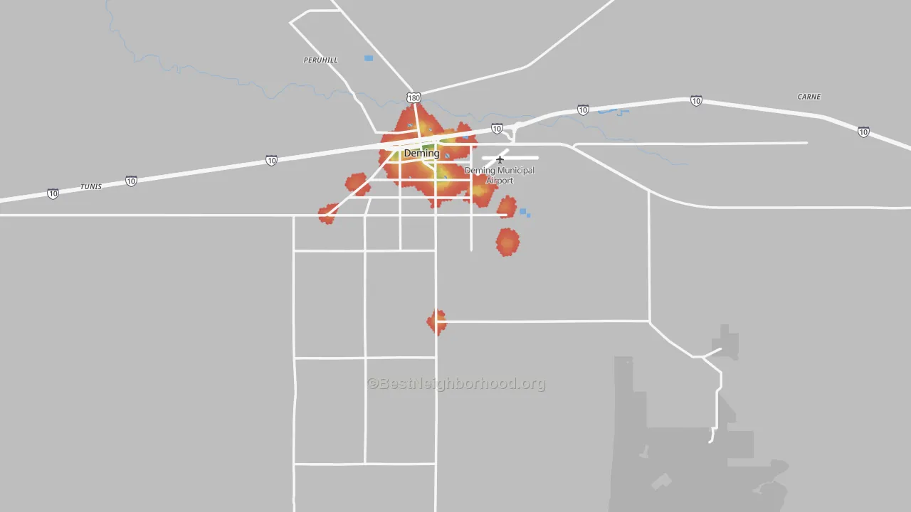 Walk Grade map of Luna County, NM, walkable areas in green and car-dependent areas in red