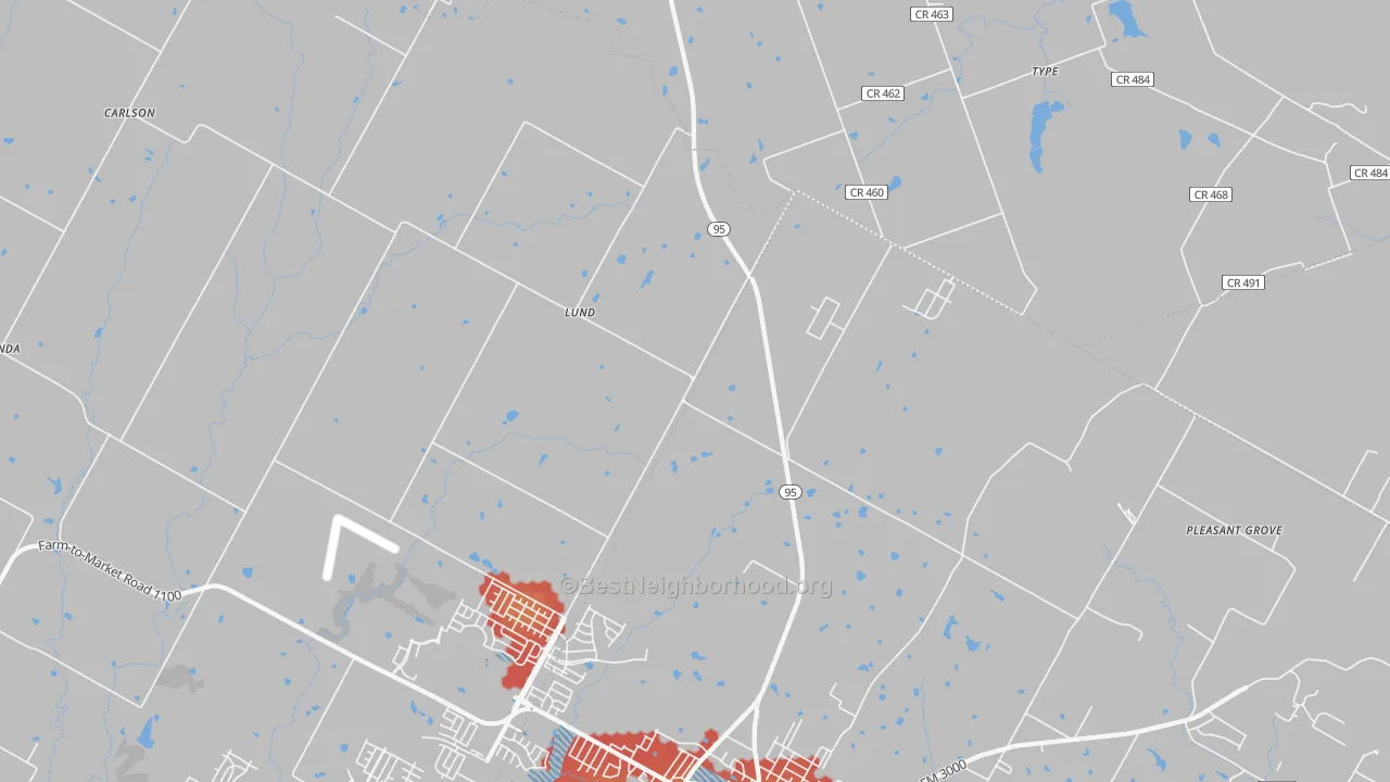 Walk Grade map of Lund, TX, walkable areas in green and car-dependent areas in red