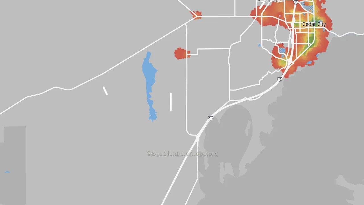 Walk Grade map of Lund, UT, walkable areas in green and car-dependent areas in red