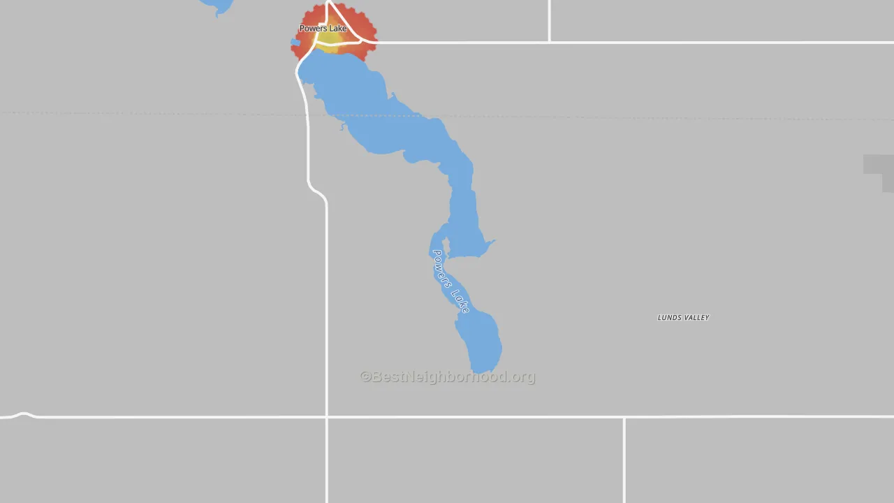Walk Grade map of Lunds Valley, ND, walkable areas in green and car-dependent areas in red