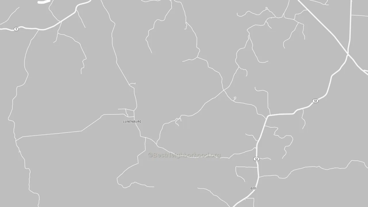 Walk Grade map of Lunenburg, AR, walkable areas in green and car-dependent areas in red