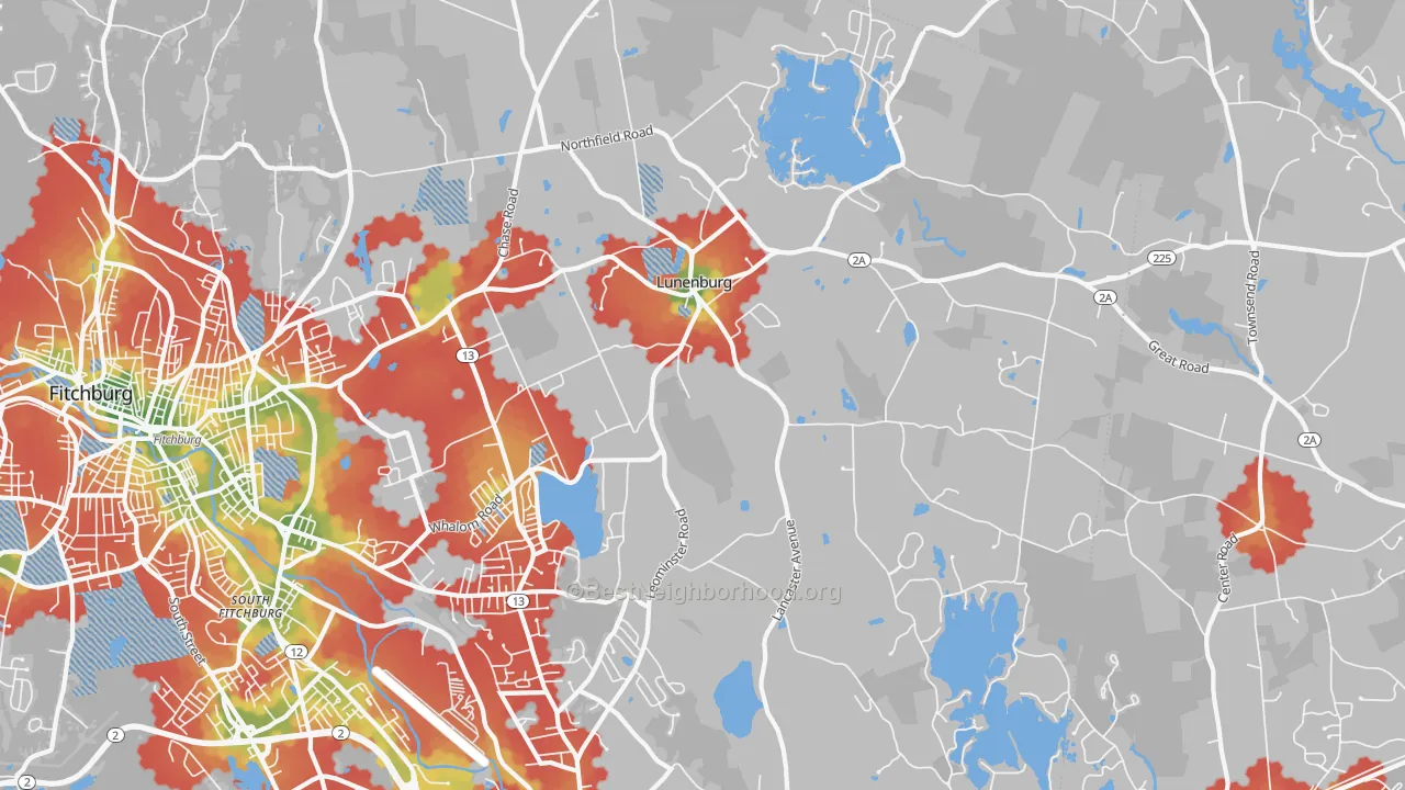 Walk Grade map of Lunenburg, MA, walkable areas in green and car-dependent areas in red