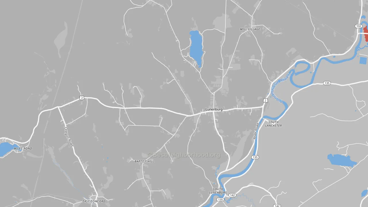 Walk Grade map of Lunenburg, VT, walkable areas in green and car-dependent areas in red