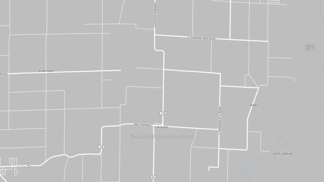 Walk Grade map of Lunsford, AR, walkable areas in green and car-dependent areas in red