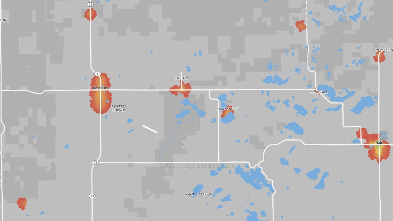 Walk Grade map of Lupton, MI, walkable areas in green and car-dependent areas in red
