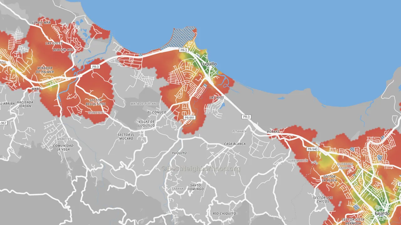 Walk Grade map of Luquillo, PR, walkable areas in green and car-dependent areas in red