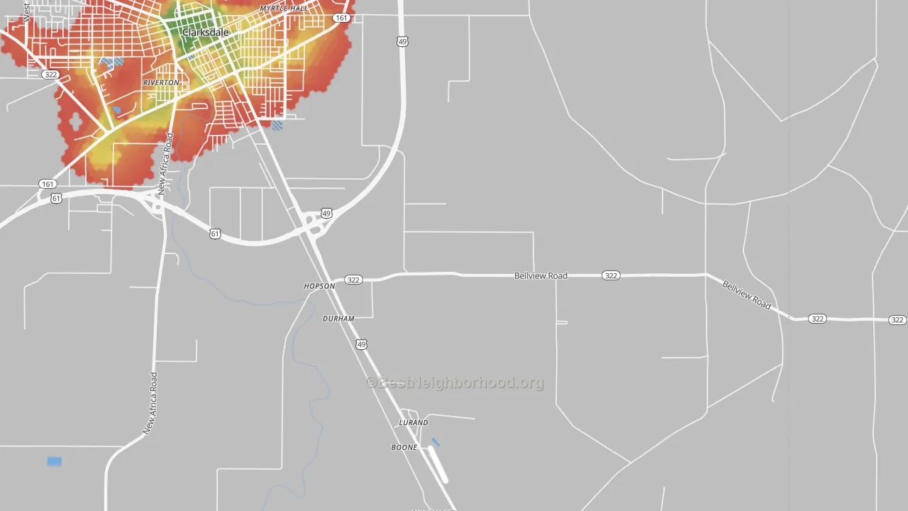 Walk Grade map of Lurand, MS, walkable areas in green and car-dependent areas in red