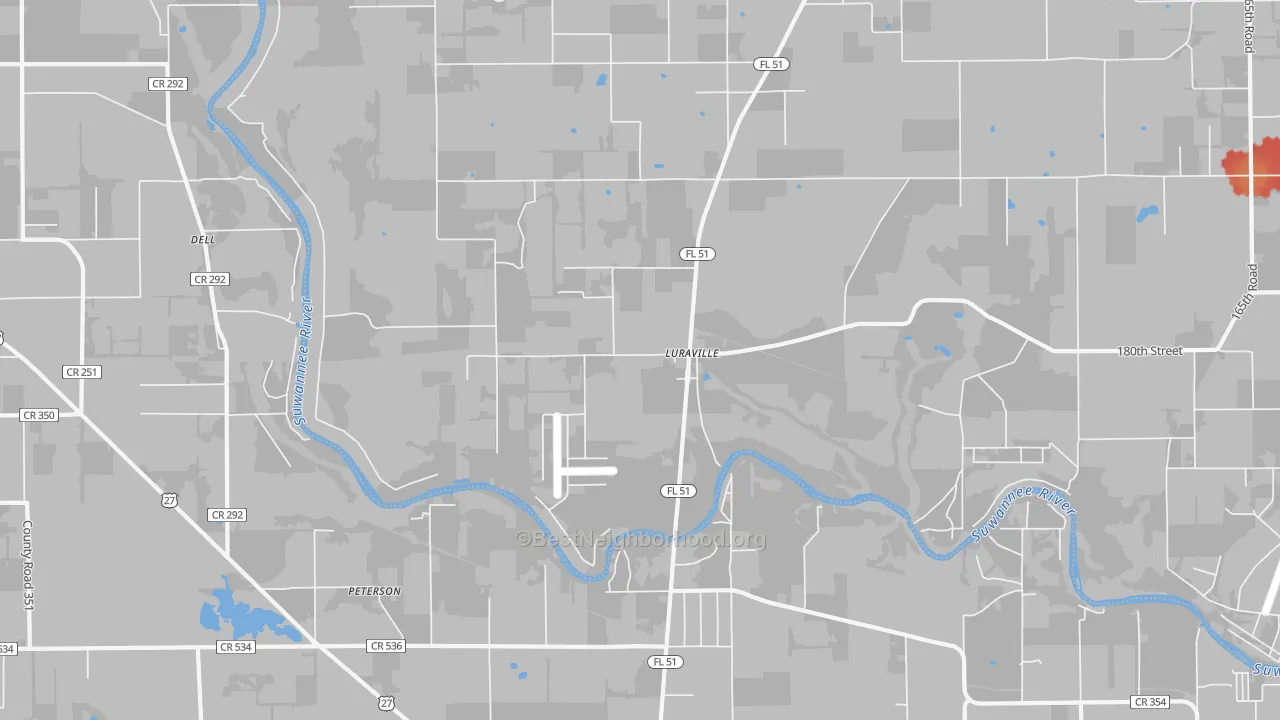 Walk Grade map of Luraville, FL, walkable areas in green and car-dependent areas in red
