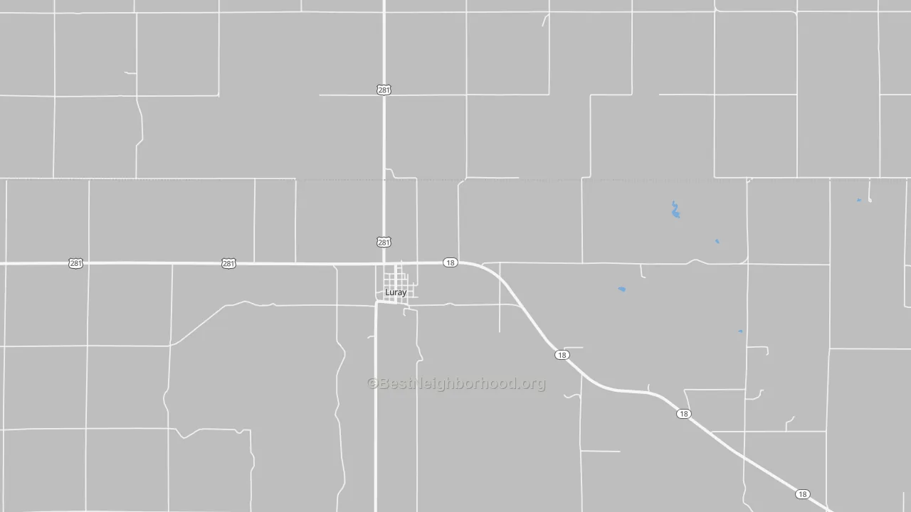 Walk Grade map of Luray, KS, walkable areas in green and car-dependent areas in red