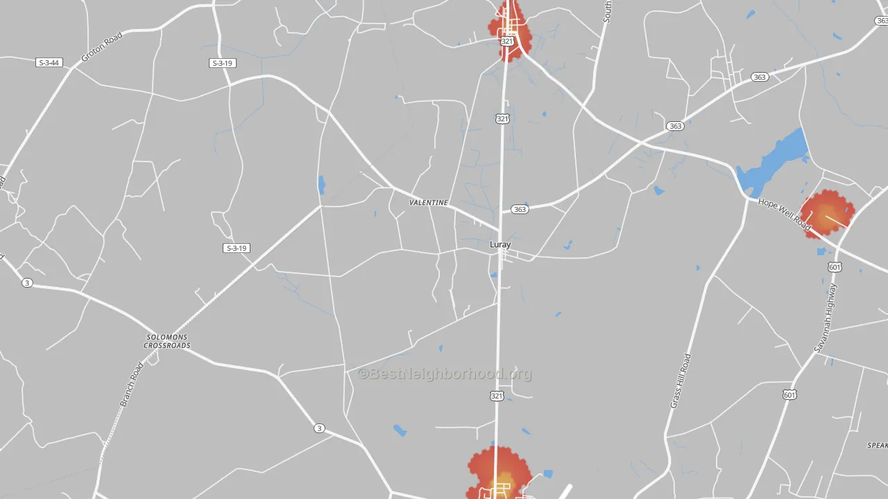 Walk Grade map of Luray, SC, walkable areas in green and car-dependent areas in red