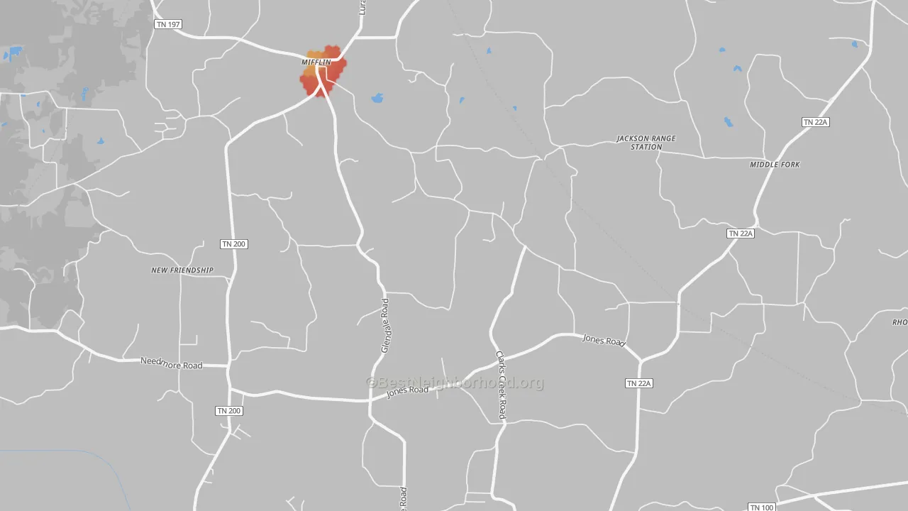 Walk Grade map of Luray, TN, walkable areas in green and car-dependent areas in red