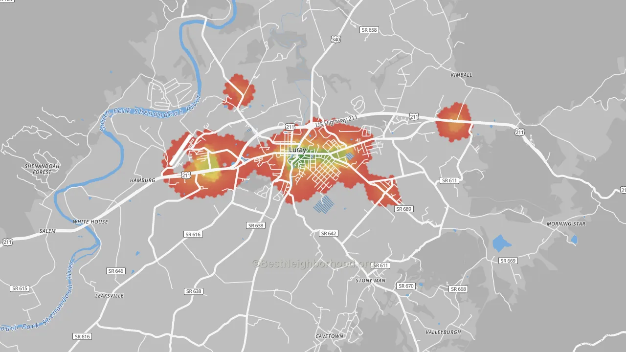 Walk Grade map of Luray, VA, walkable areas in green and car-dependent areas in red