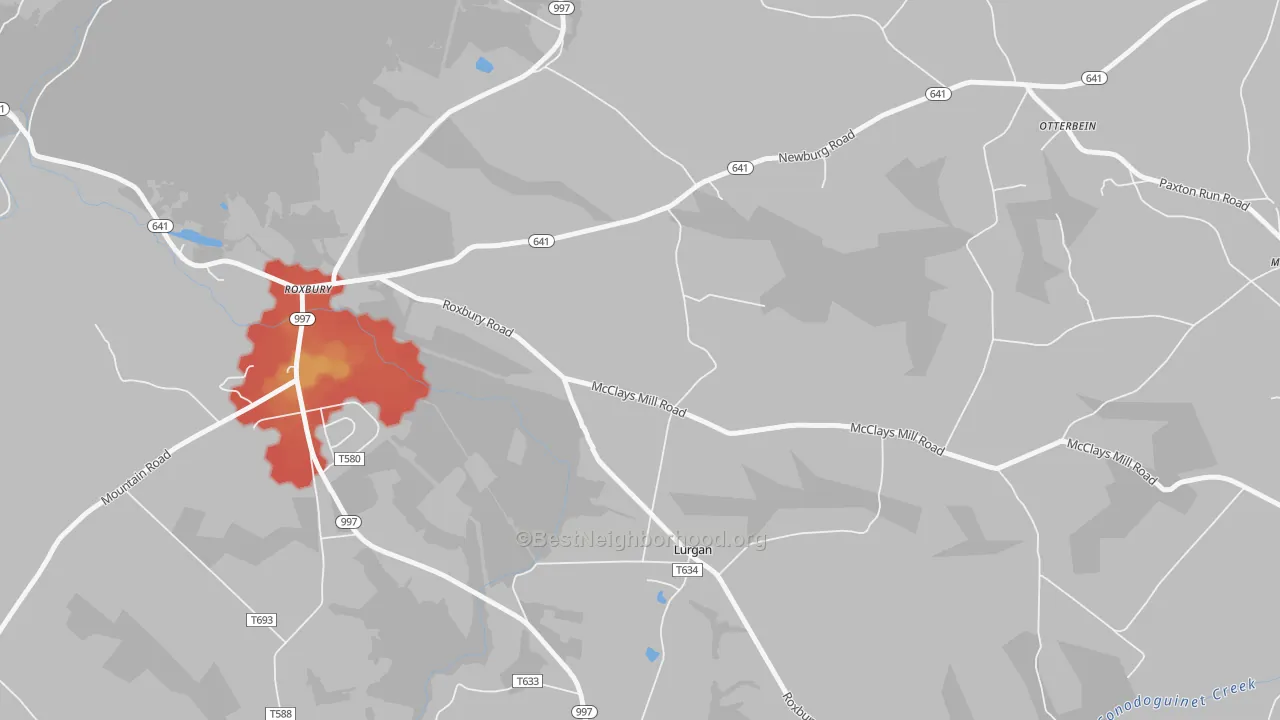 Walk Grade map of Lurgan, PA, walkable areas in green and car-dependent areas in red