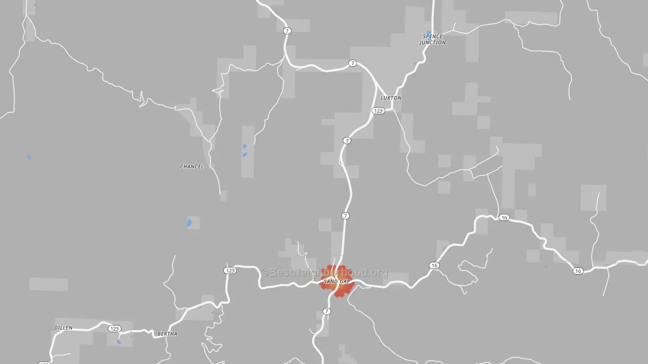 Walk Grade map of Lurton, AR, walkable areas in green and car-dependent areas in red