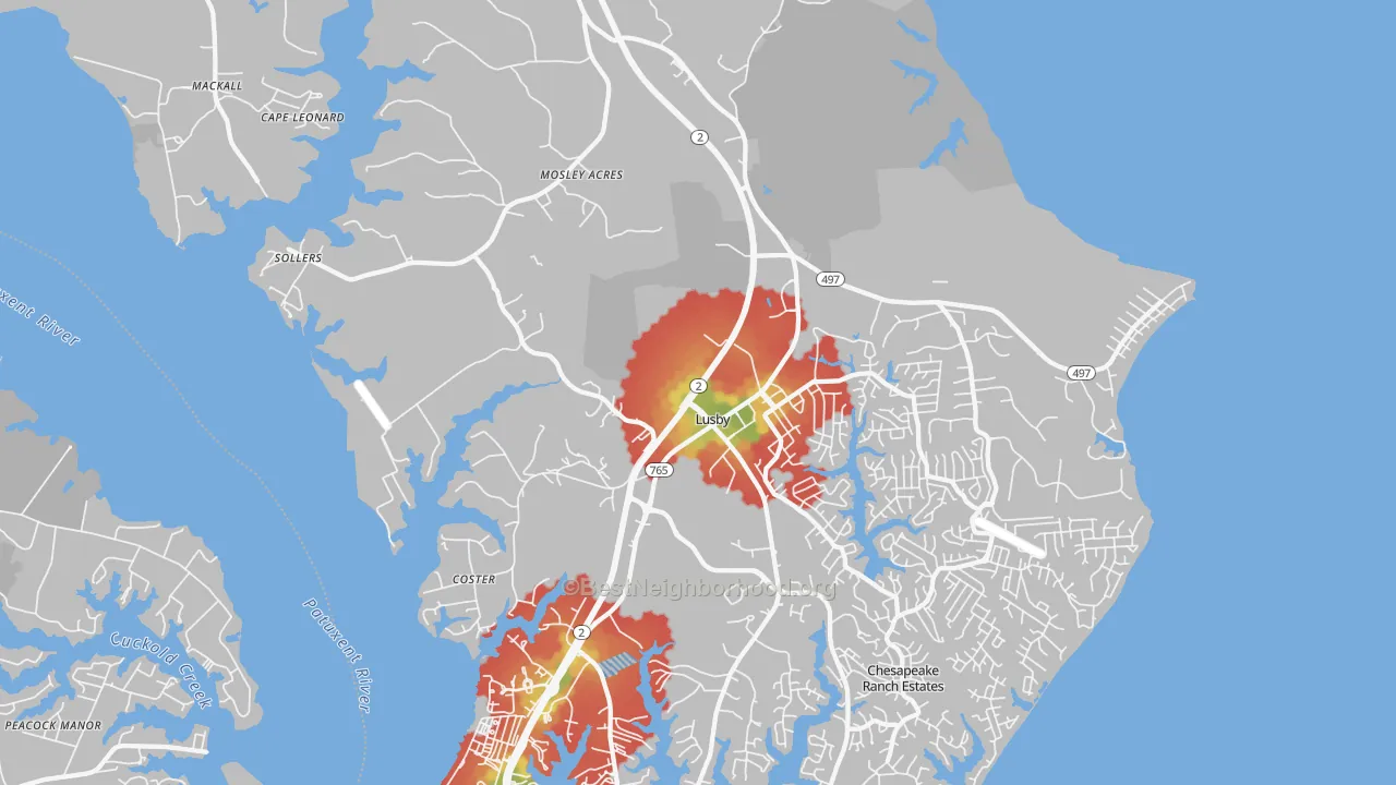 Walk Grade map of Lusby, MD, walkable areas in green and car-dependent areas in red