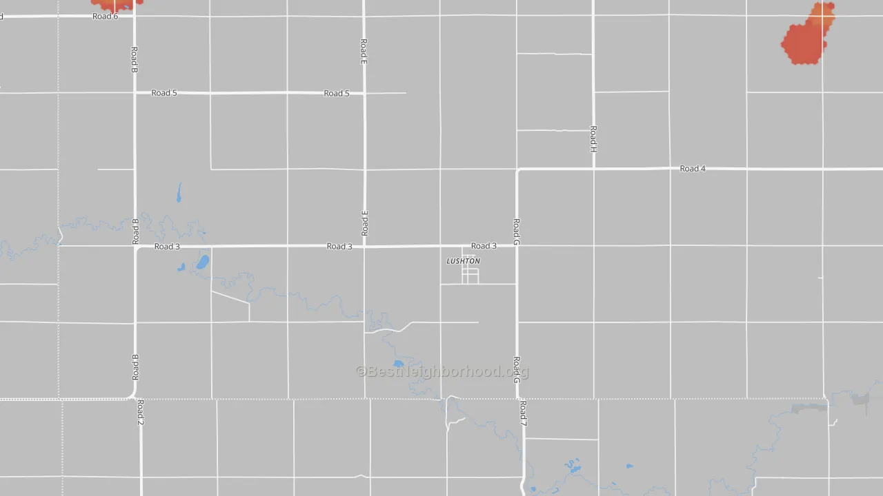 Walk Grade map of Lushton, NE, walkable areas in green and car-dependent areas in red