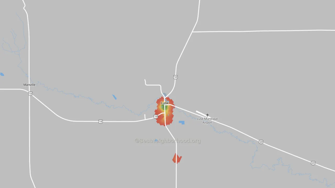 Walk Grade map of Lusk, WY, walkable areas in green and car-dependent areas in red