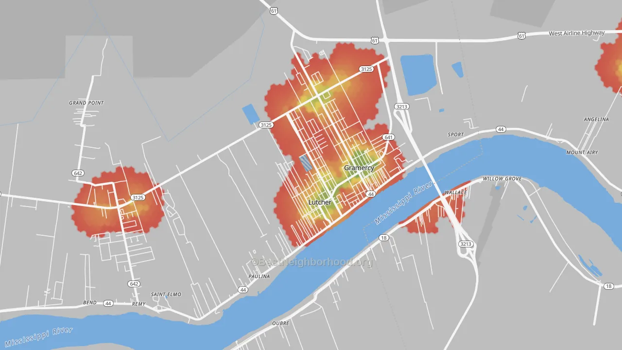 Walk Grade map of Lutcher, LA, walkable areas in green and car-dependent areas in red