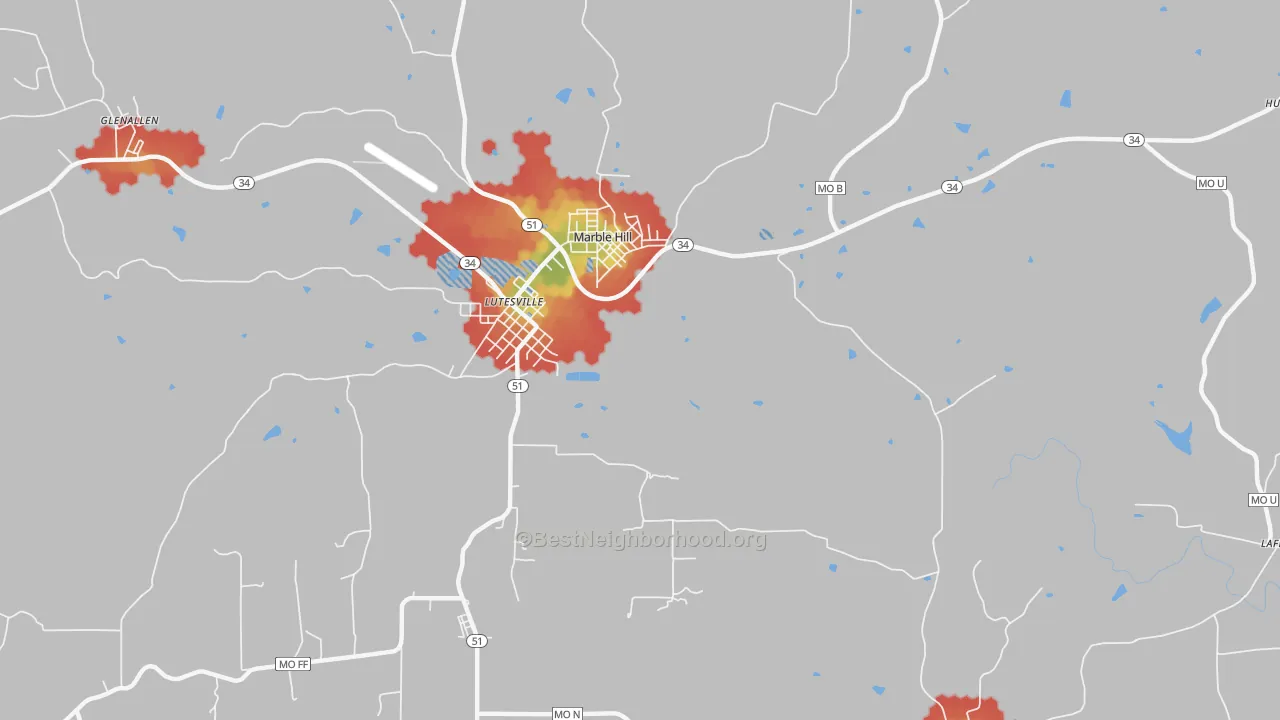 Walk Grade map of Lutesville, MO, walkable areas in green and car-dependent areas in red