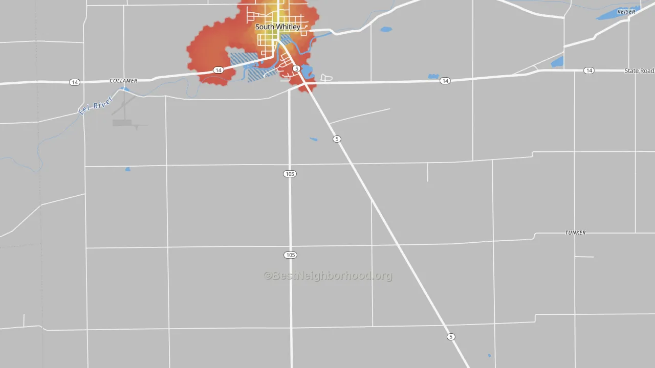 Walk Grade map of Luther, IN, walkable areas in green and car-dependent areas in red