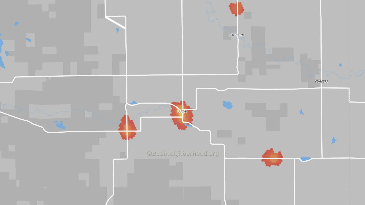 Walk Grade map of Luther, MI, walkable areas in green and car-dependent areas in red